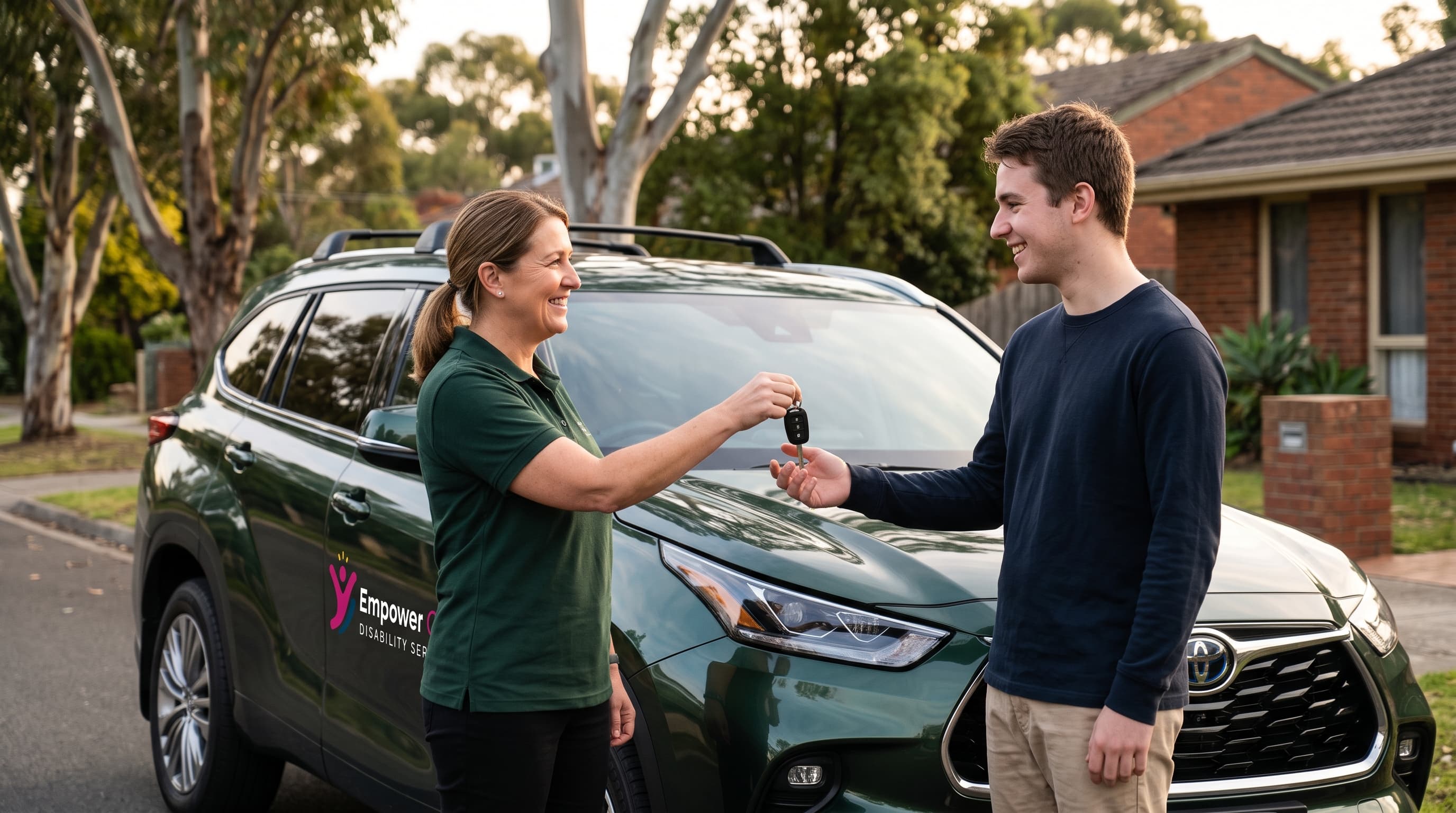 An Empower Care staff member handing car keys to a smiling young man beside a dark green SUV